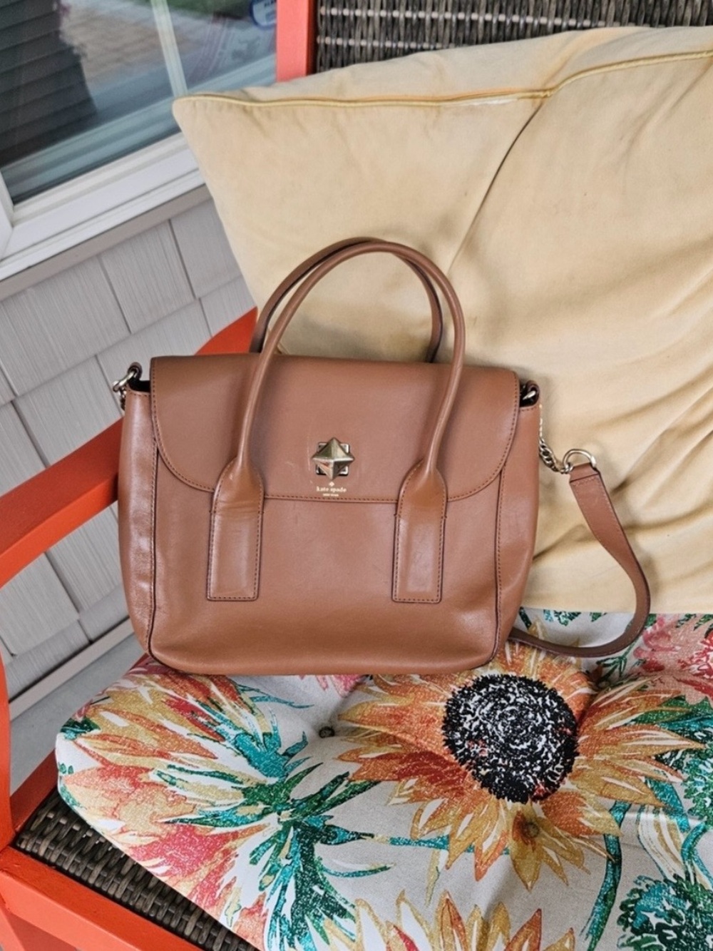 kate spade tan brown leather satchel with top handles